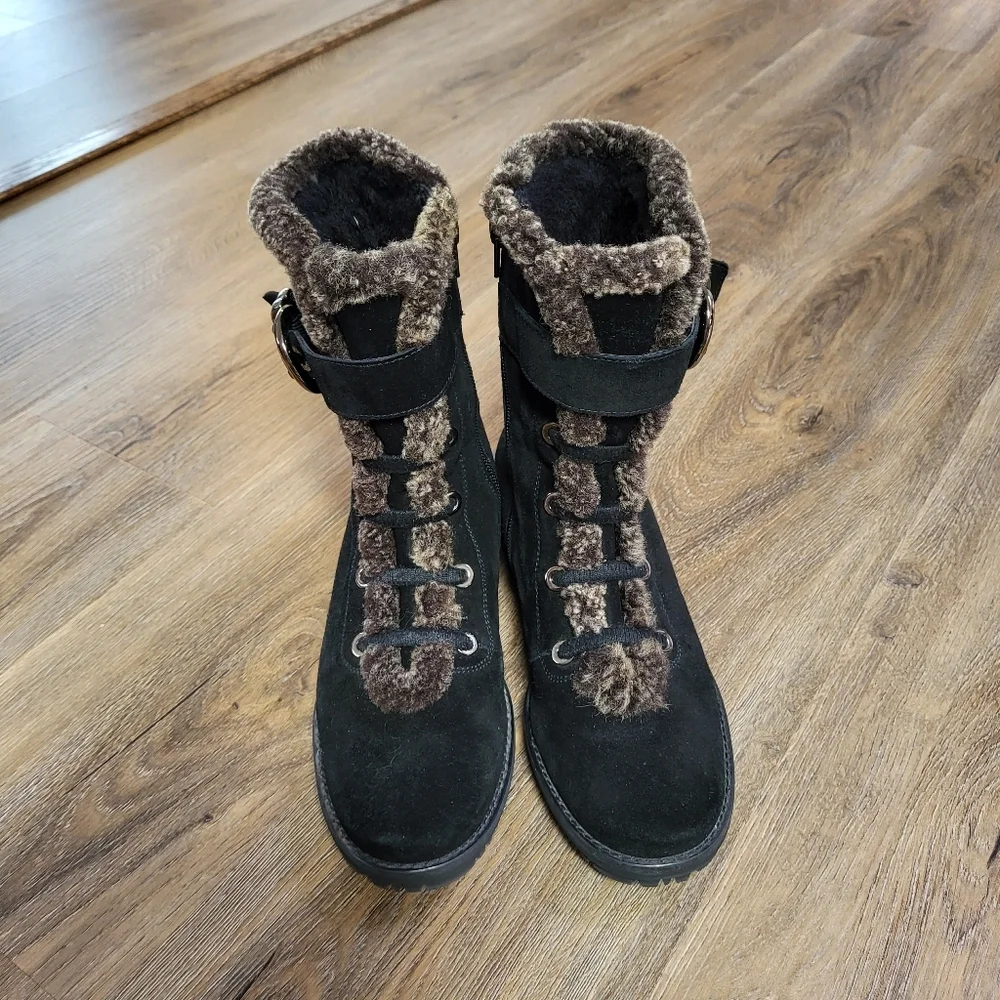 Stuart Weitzman Womens Suede Leather Boots Fur Buckle Black Size 7.5